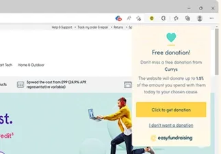 easyfundraising browser extension pop-up offering a free donation when shopping at Currys