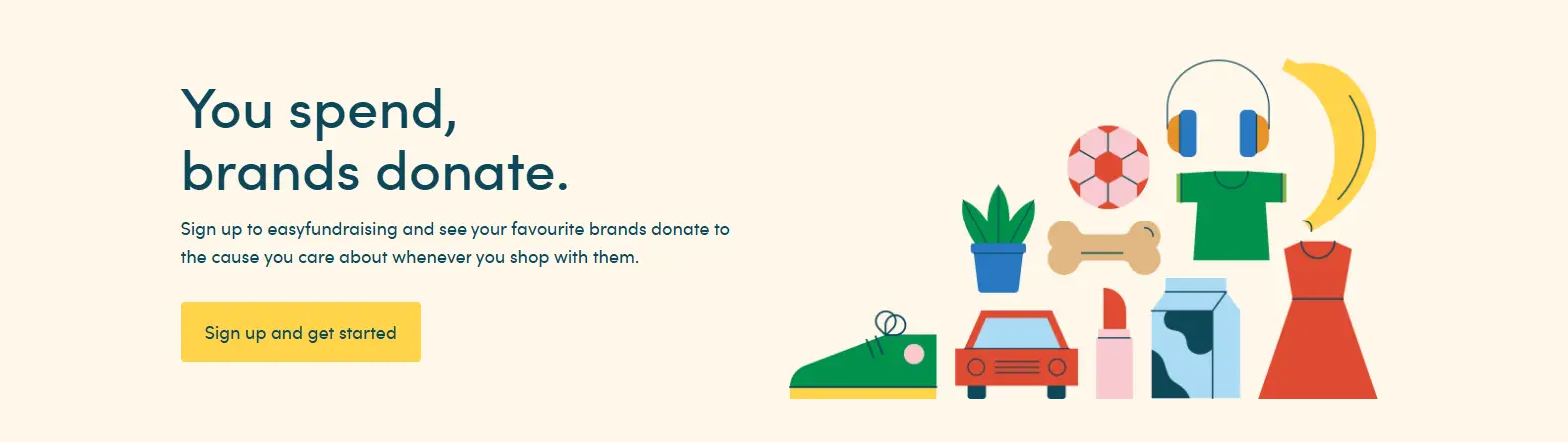 easyfundraising banner: 'You spend, brands donate' with illustrations of everyday shopping items