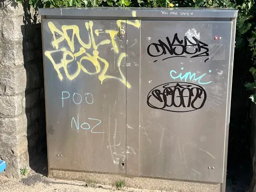 Street utility cabinet covered in spray-painted graffiti tags