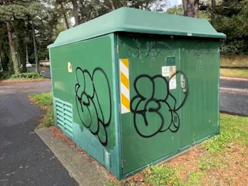 Green roadside utility cabinet covered in black graffiti tags