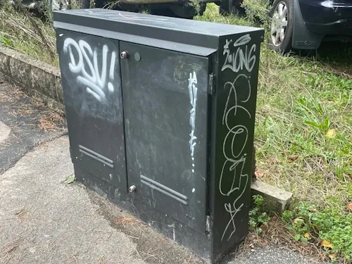 Dark street cabinet beside a grass verge, covered in white graffiti tags
