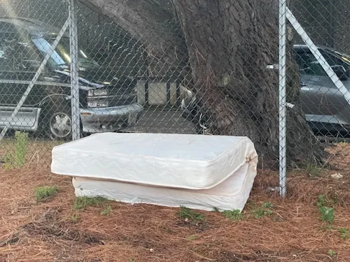 Two dumped mattresses on the ground against a chain-link fence